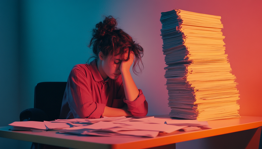 Exhausted office worker surrounded by paperwork representing brain fog, mental fatigue, and cognitive challenges in workplace