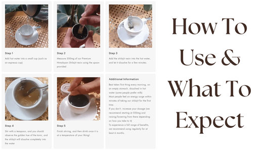 Screenshot of Rakaposhi Organics webpage showing shilajit preparation instructions and usage guidelines for customer reference
