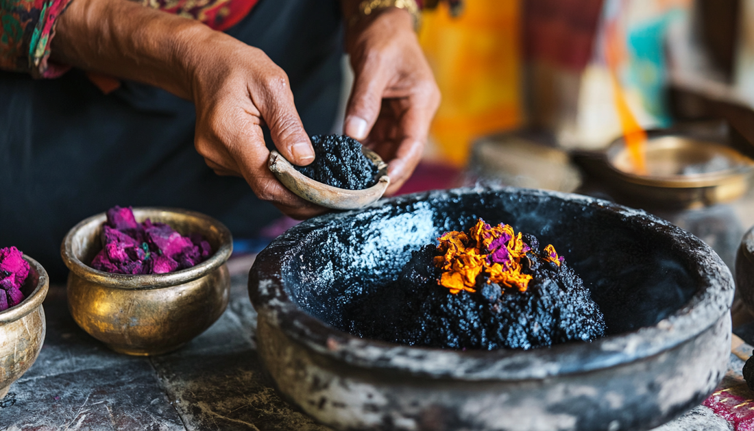 Traditional preparation of Himalayan shilajit resin representing ancient wellness practices and cultural heritage