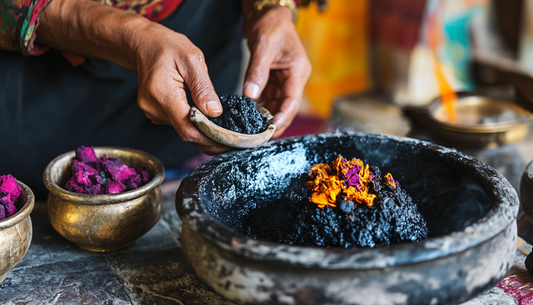 Traditional preparation of Himalayan shilajit resin representing ancient wellness practices and cultural heritage