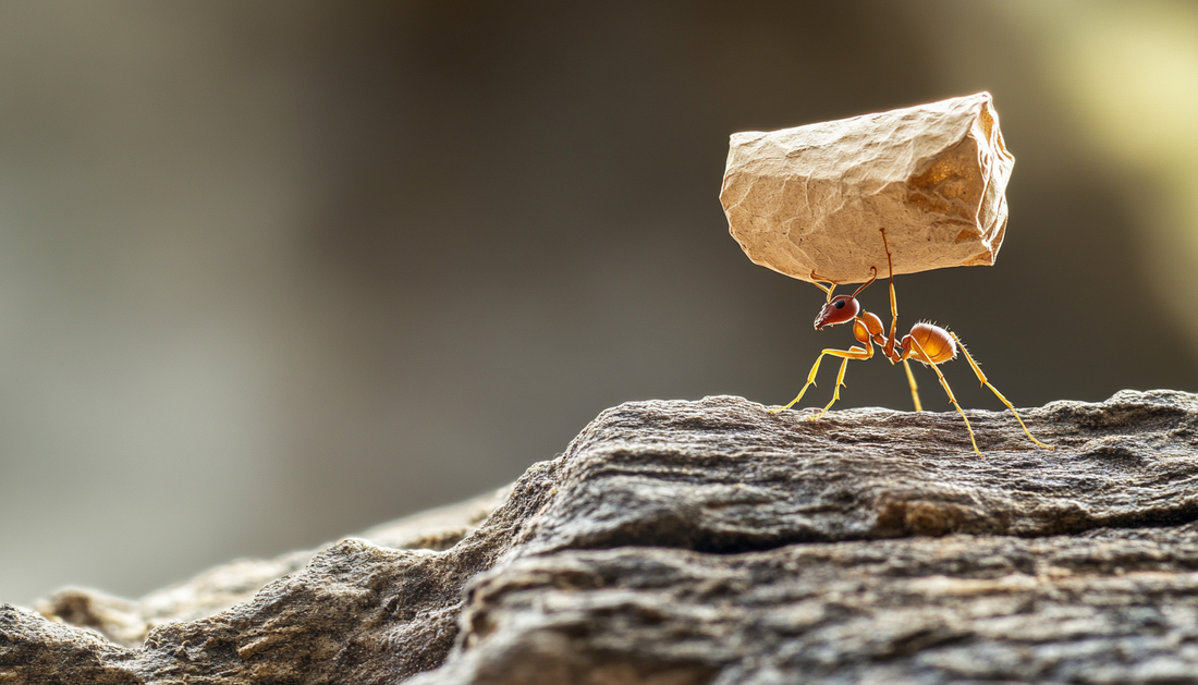 Ant carrying object many times its size representing perseverance, determination, and strength through persistent effort