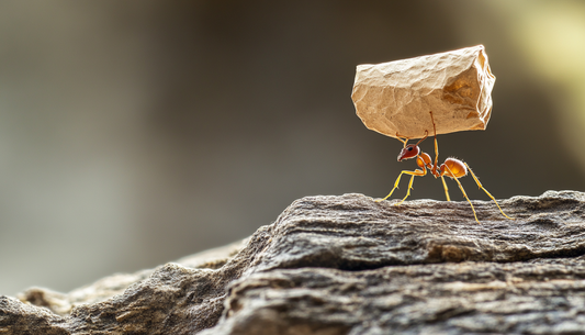 Ant carrying object many times its size representing perseverance, determination, and strength through persistent effort
