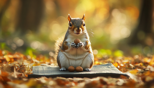 Squirrel holding acorn representing mindfulness, preparation, resilience, and finding joy in simplicity