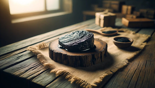 Traditional shilajit resin on workbench representing ancient Ayurvedic substance and artisanal preparation methods