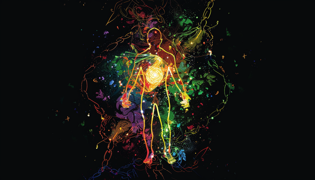 Artistic illustration of human figure with energy radiating outward representing vitality achieved through evidence-based wellness