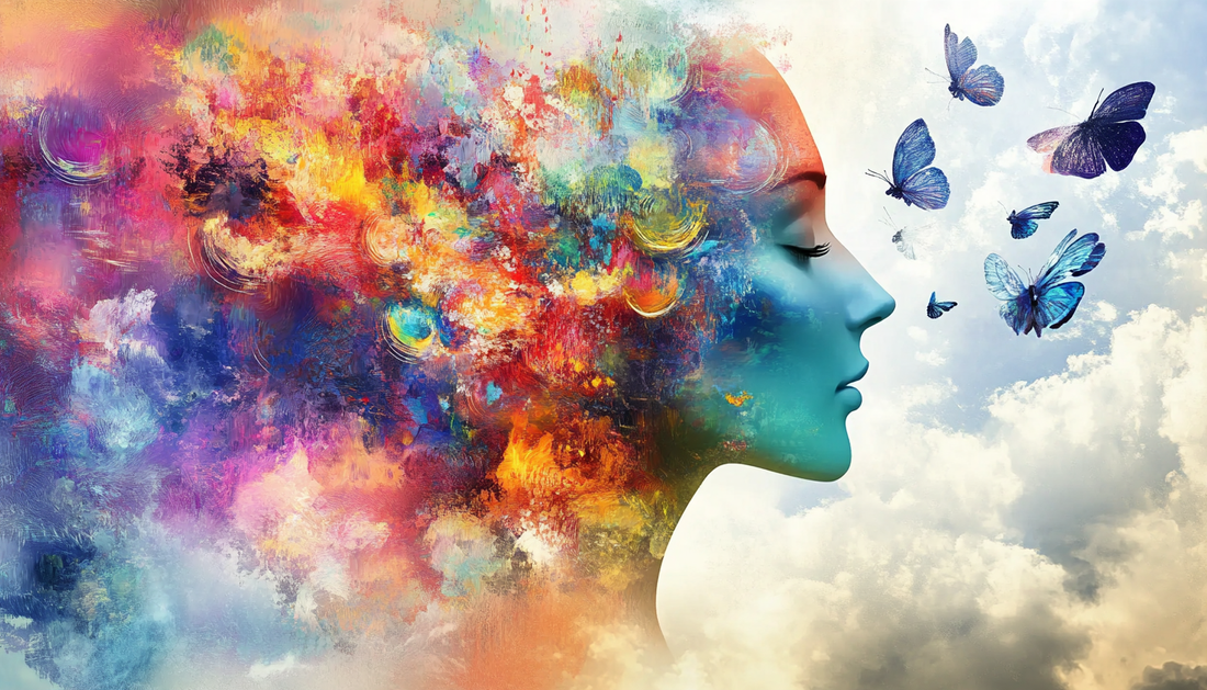 Person's profile silhouette with butterflies representing creative expression, art therapy, and mental wellness through creativity