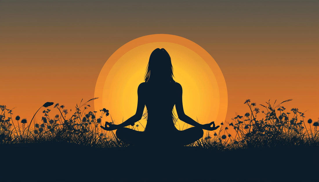 Woman meditating outdoors at sunrise representing mindful morning routine and evidence-based wellness practices