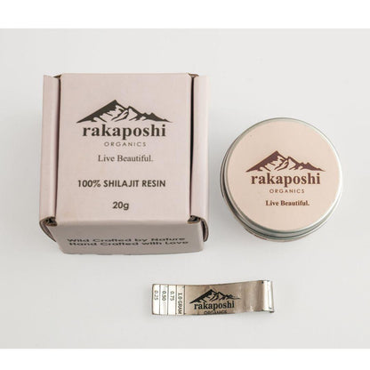 Rakaposhi Organics' premium Himalayan Shilajit Resin packaging, featuring a sleek design and product details.